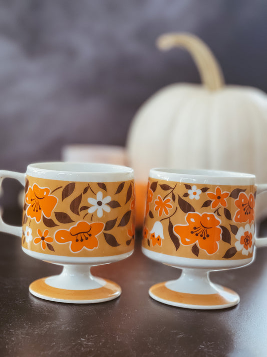 Vintage Japanese Fall Floral Pedestal Mugs