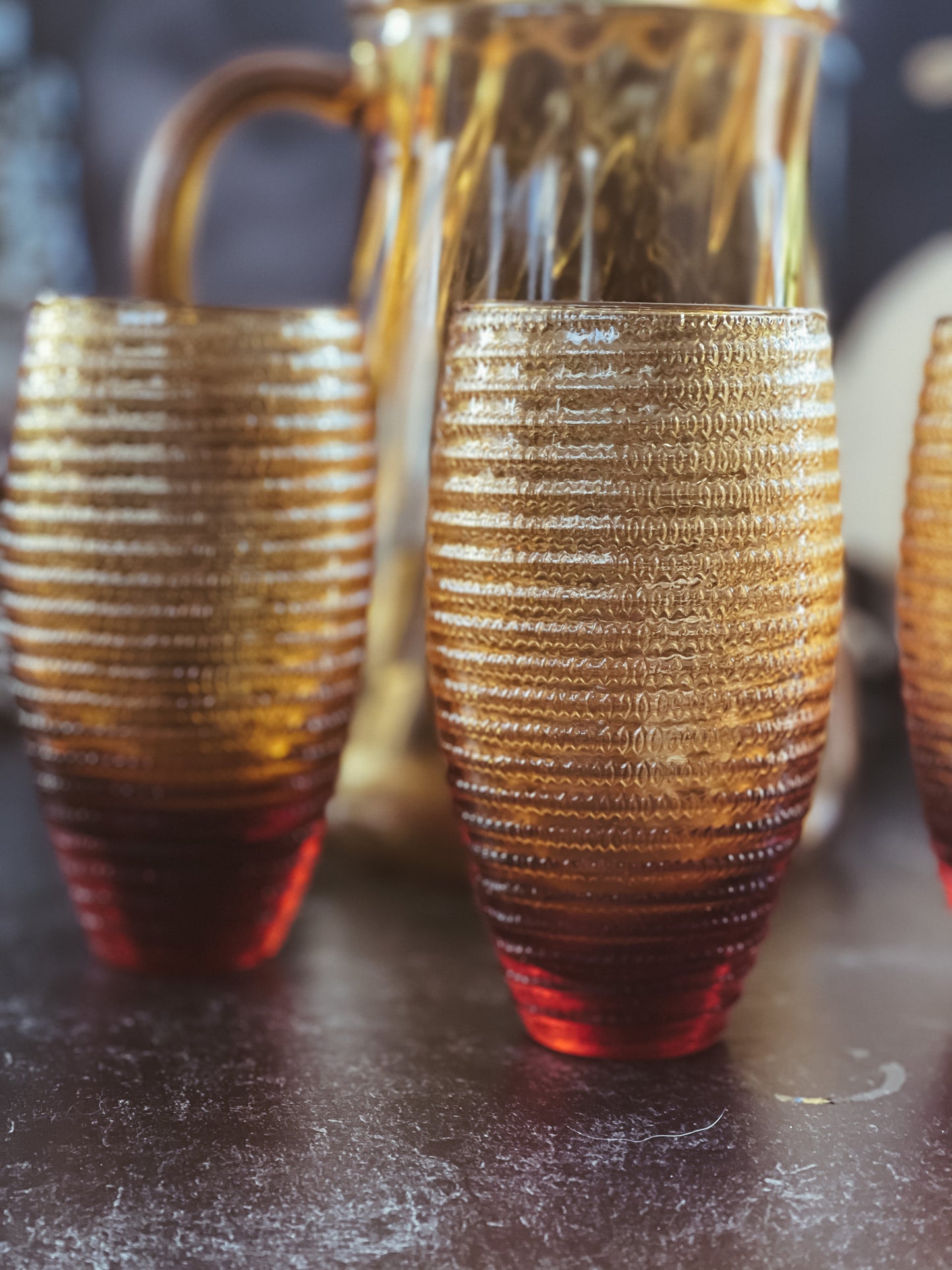 Vintage Amber Glass Beehive Tumbler & Pitcher Set