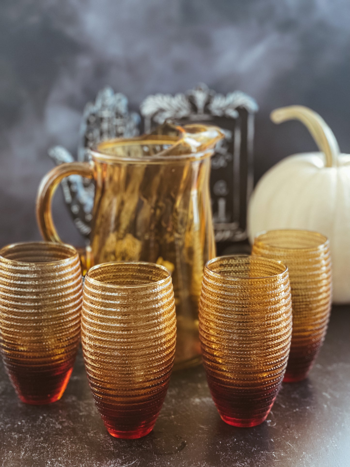 Vintage Amber Glass Beehive Tumbler & Pitcher Set