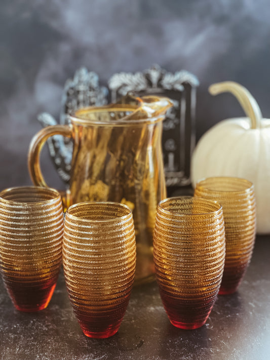 Vintage Amber Glass Beehive Tumbler & Pitcher Set