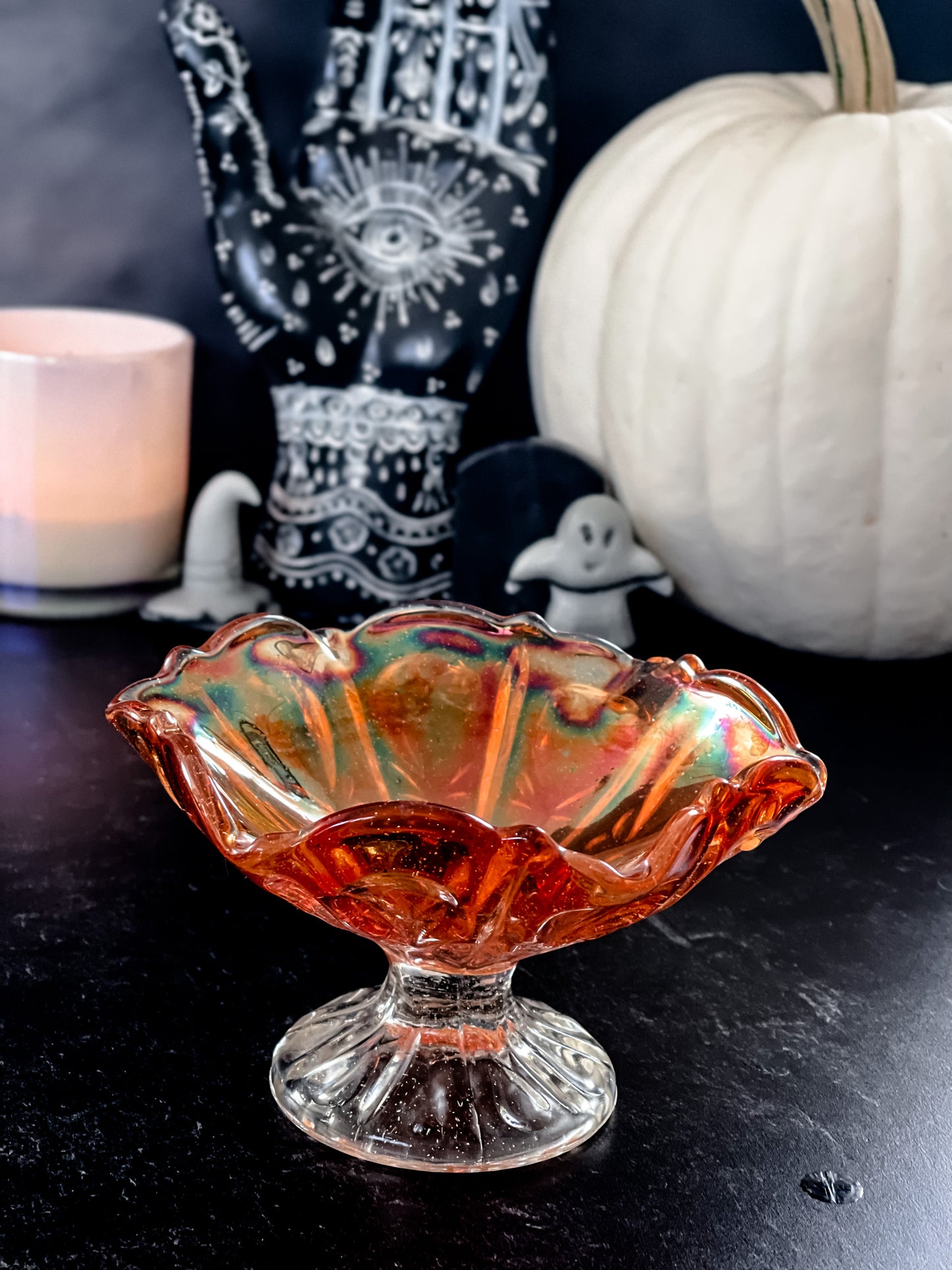 Orange Carnival Glass Pedestal Dish