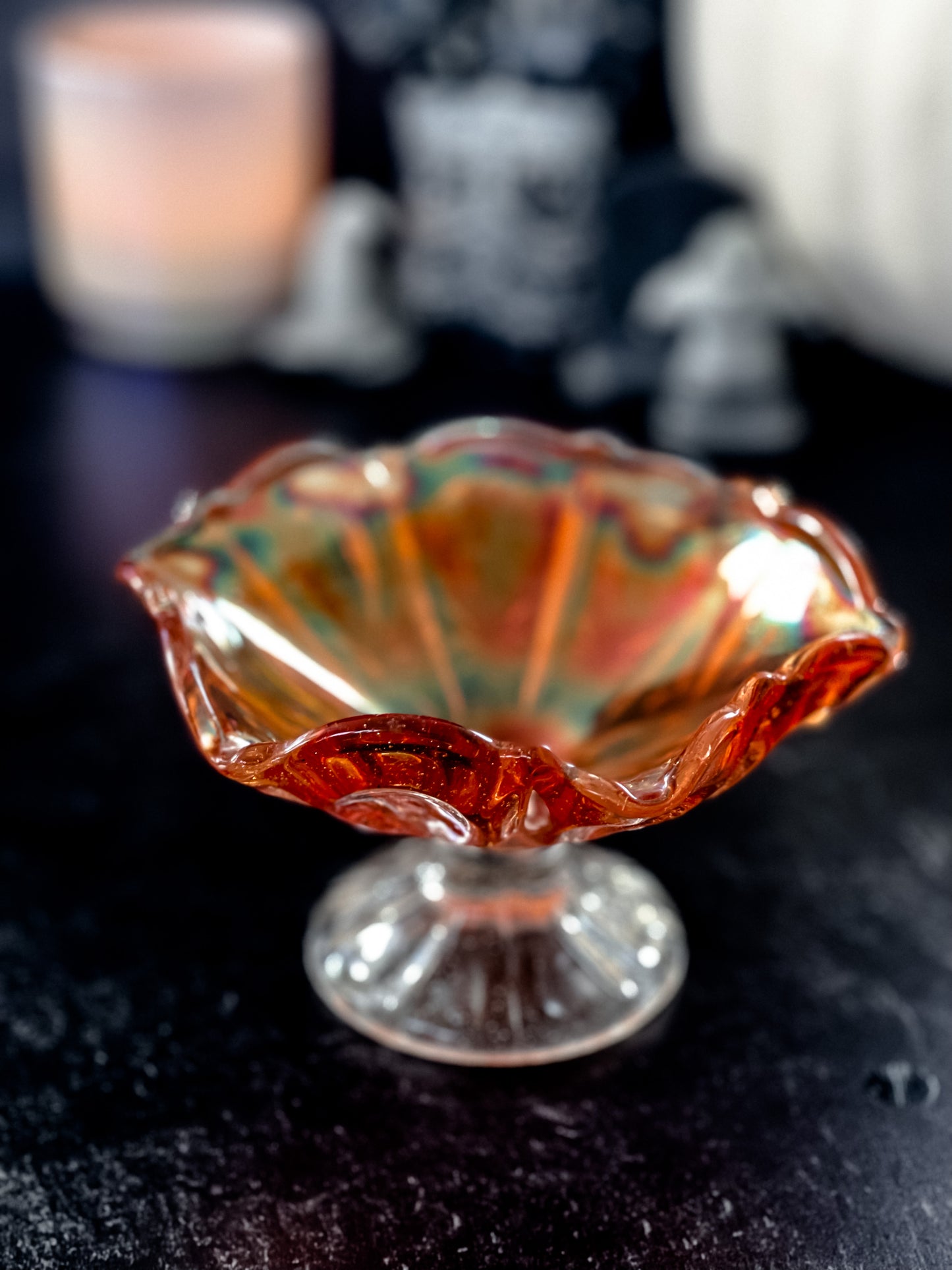 Orange Carnival Glass Pedestal Dish